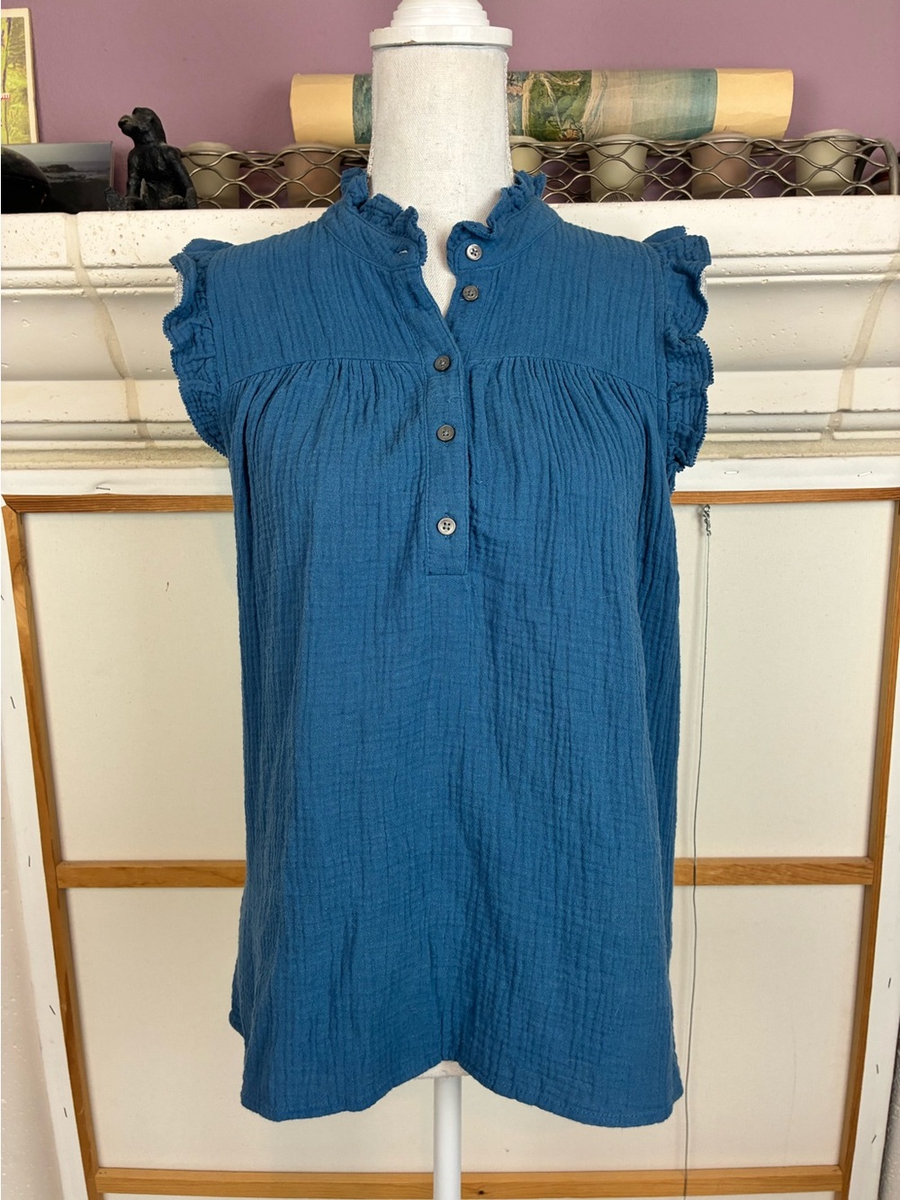 J. Crew Soft Ruffle Cap-Sleeve Button Popover blouse